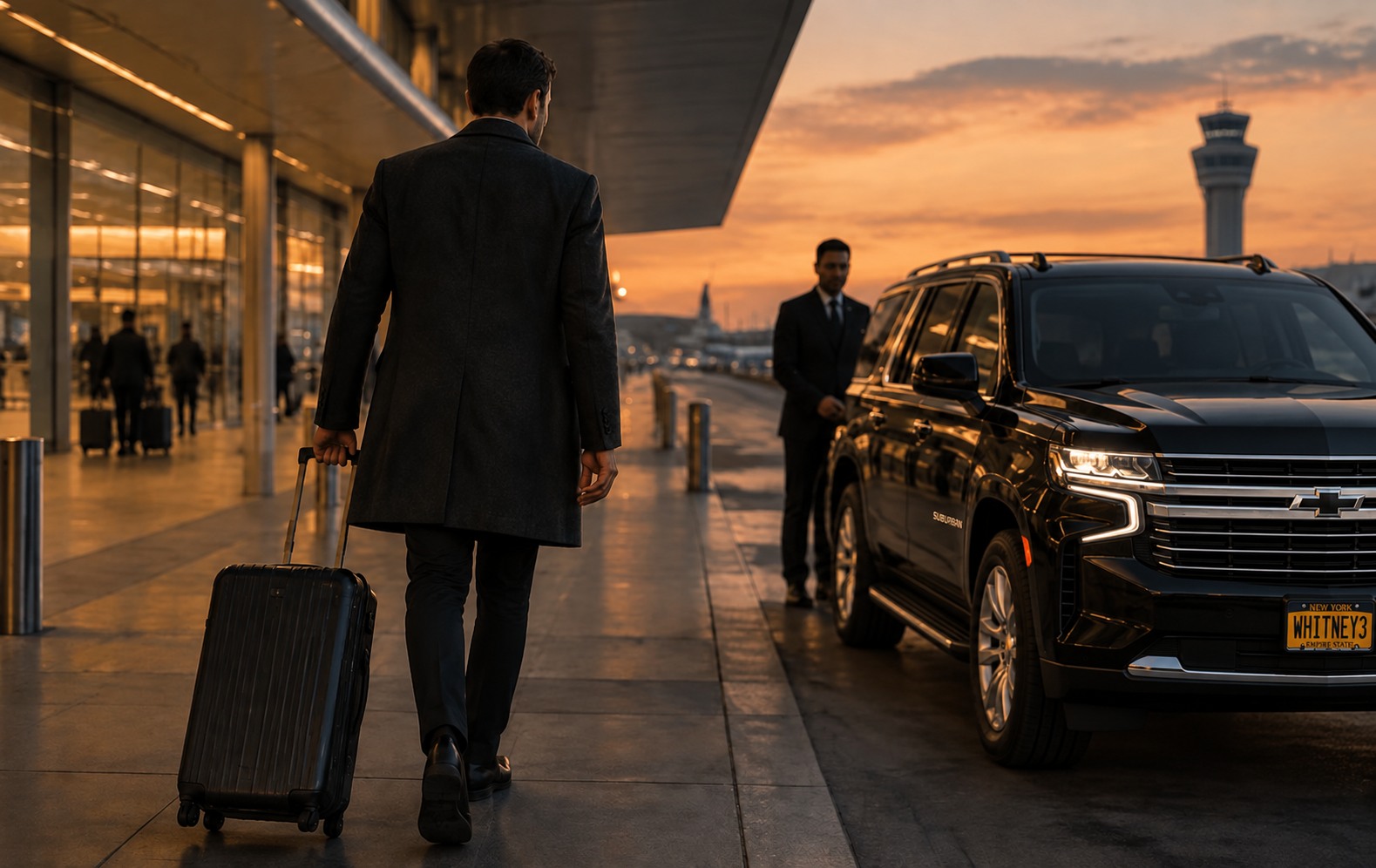 Traveler approaching a waiting black car outside an airport terminal