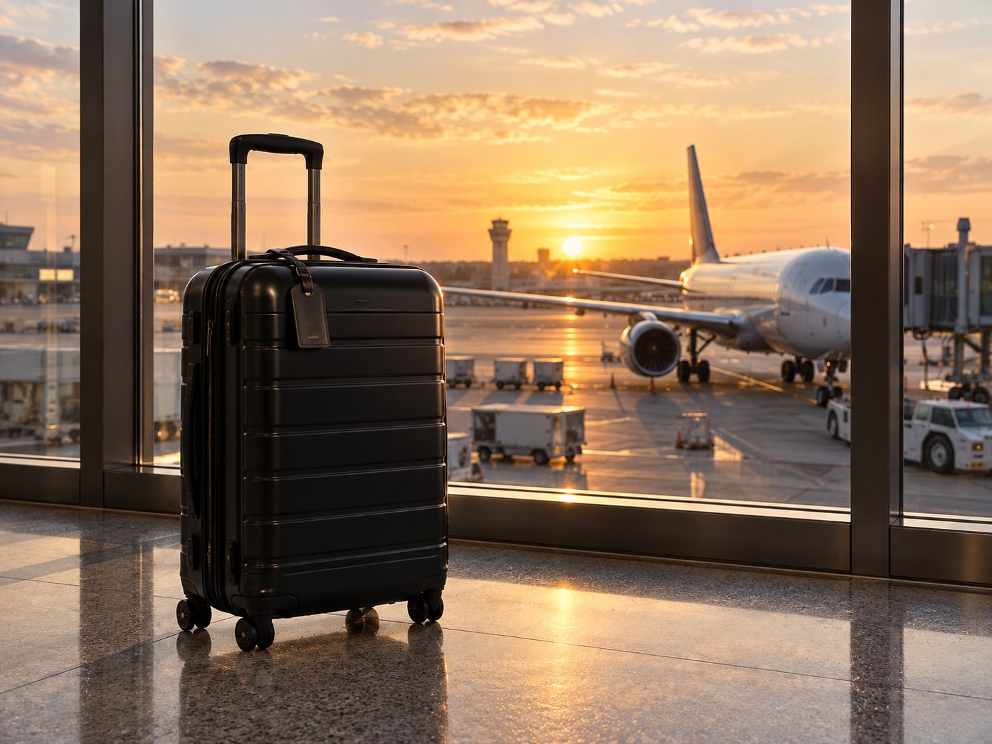 Suitcase beside terminal windows overlooking an aircraft at sunrise