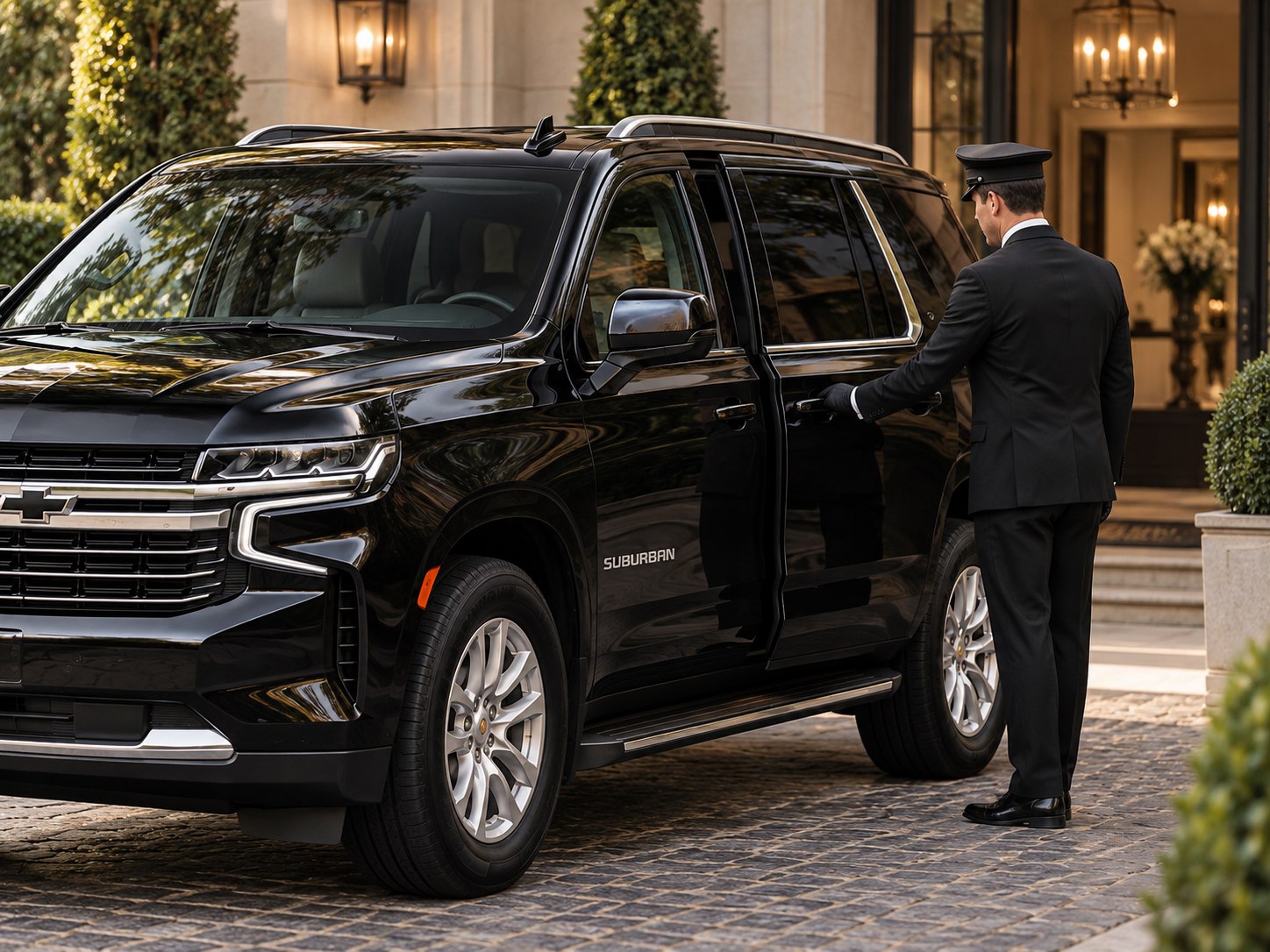 Chauffeur opening a Chevrolet Suburban passenger door at a residential entrance