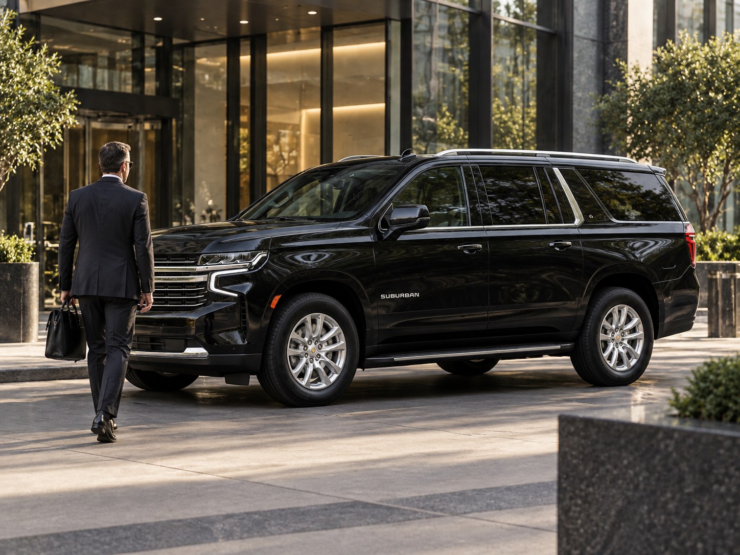 Business traveler approaching a black Chevrolet Suburban outside an office building