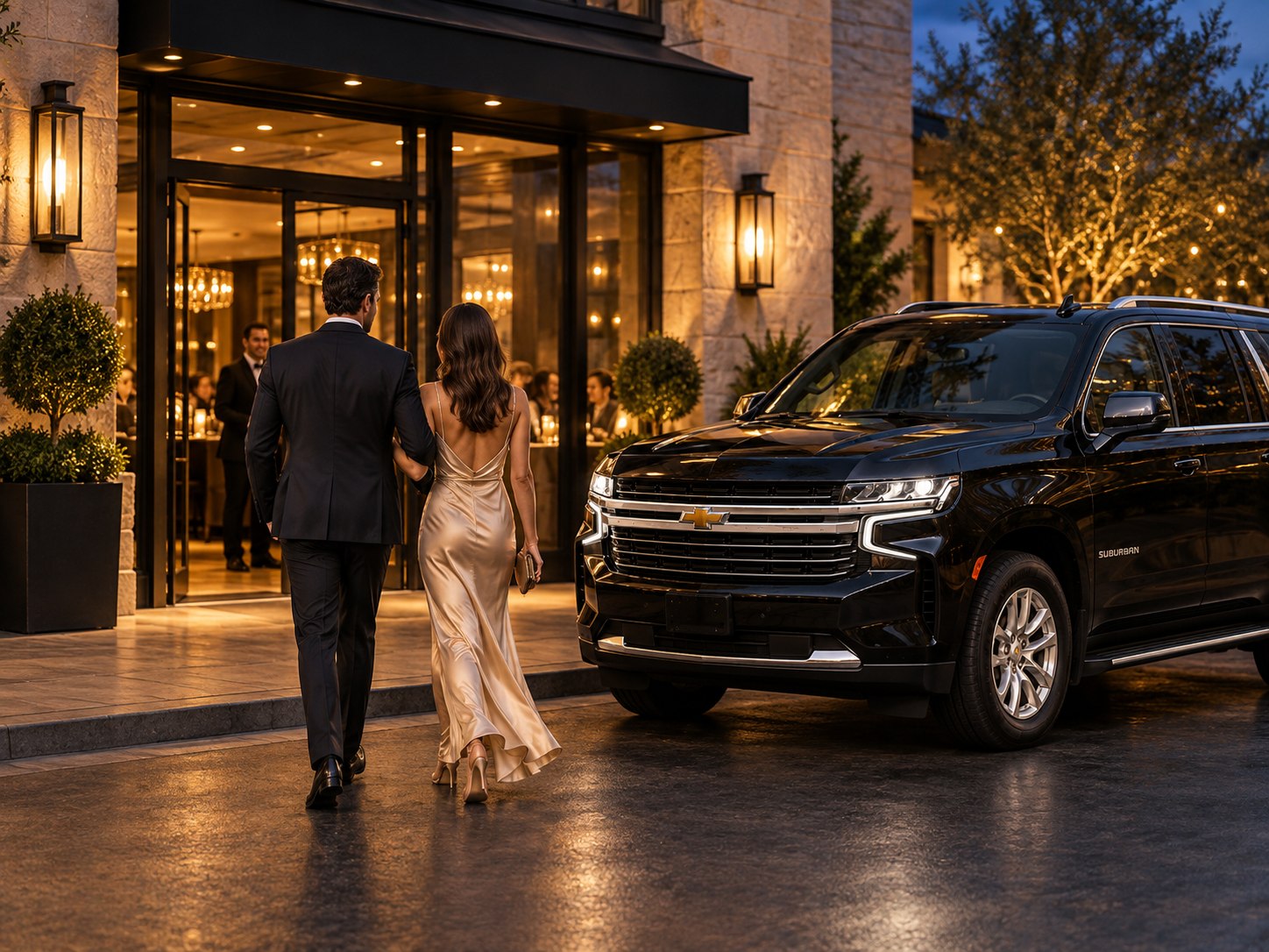 Couple arriving at an evening event with a black Chevrolet Suburban nearby