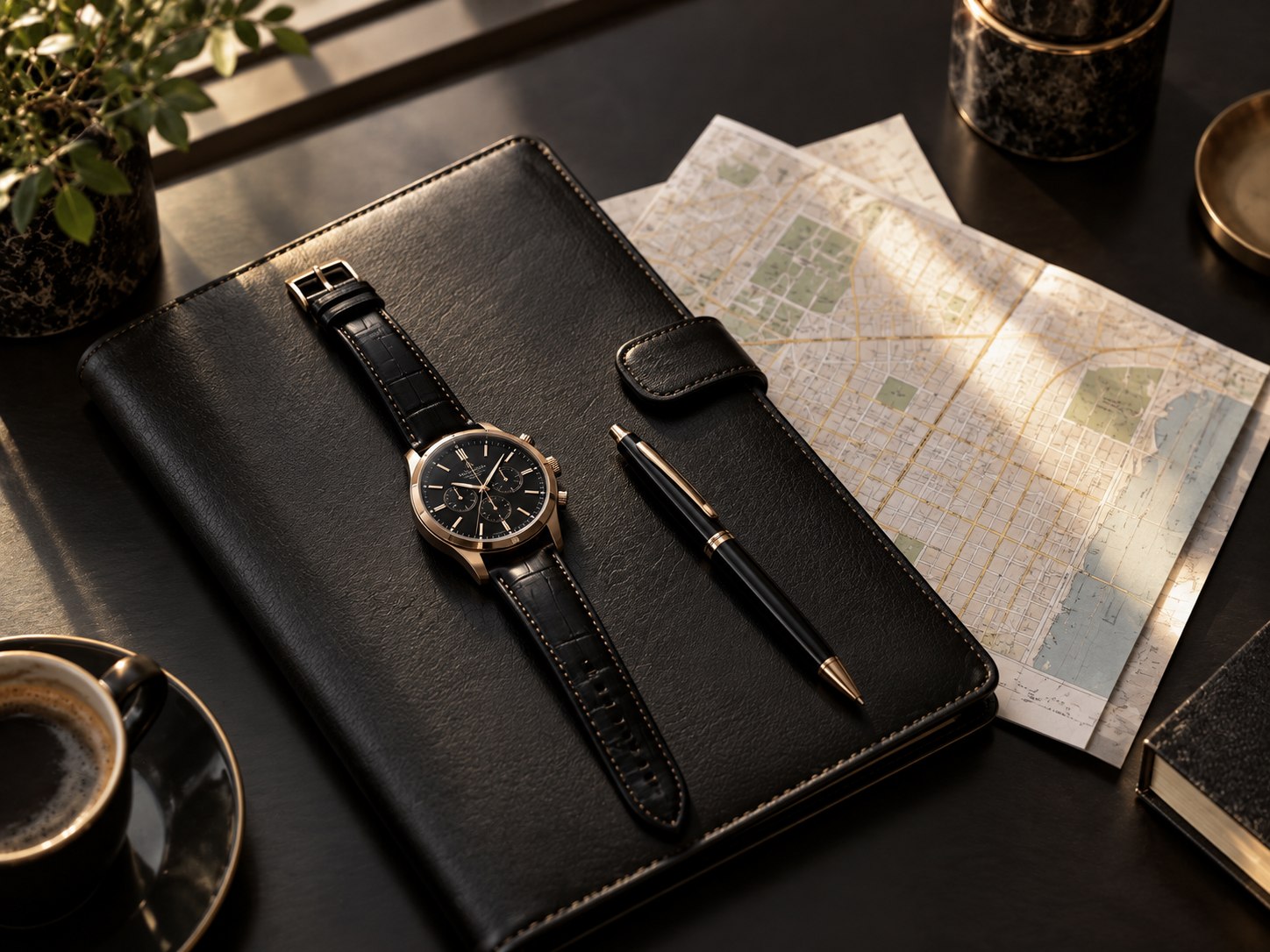Watch, leather folio and city map for planning a day of travel