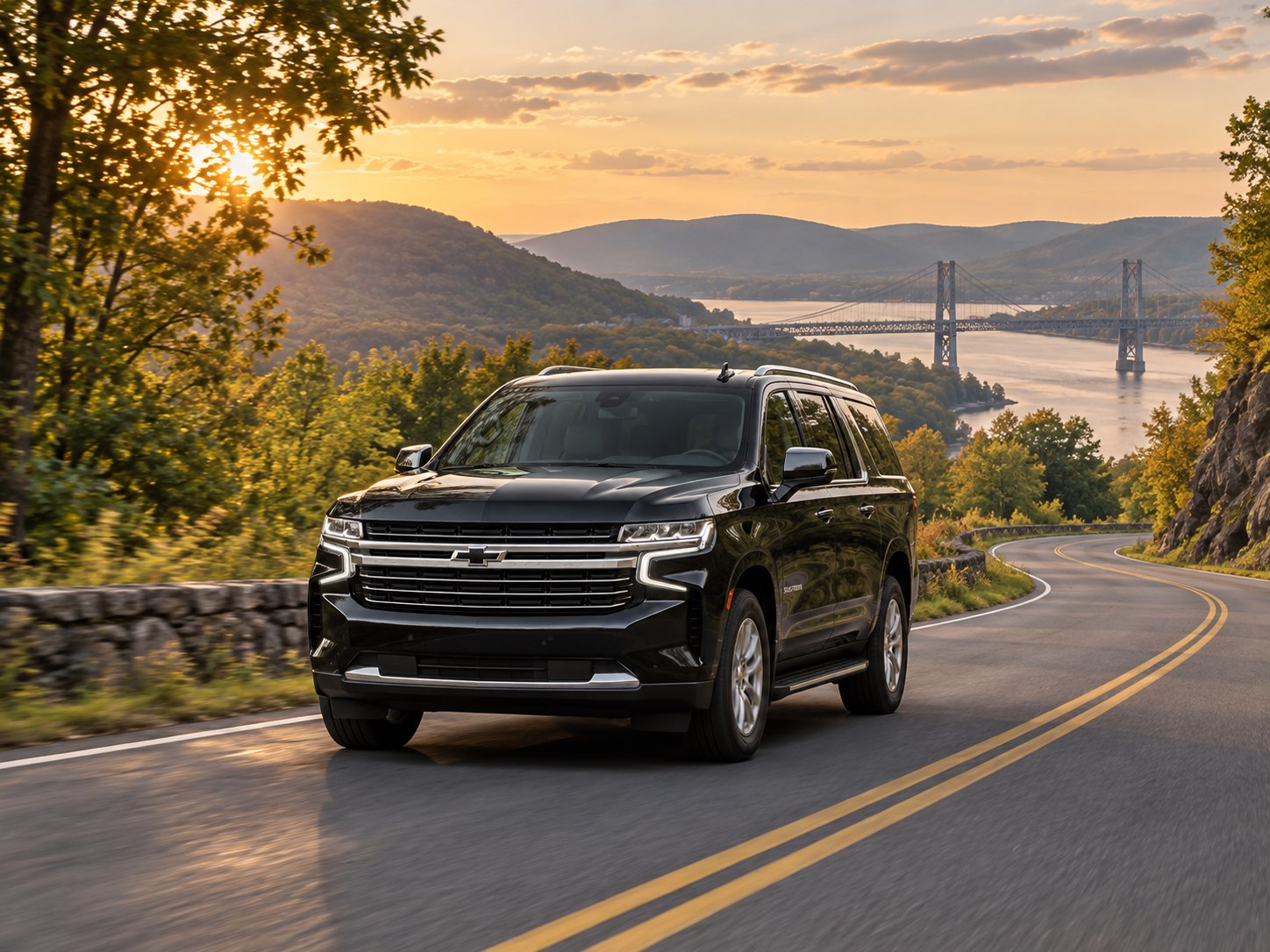 Black Chevrolet Suburban on a scenic road overlooking a river and bridge
